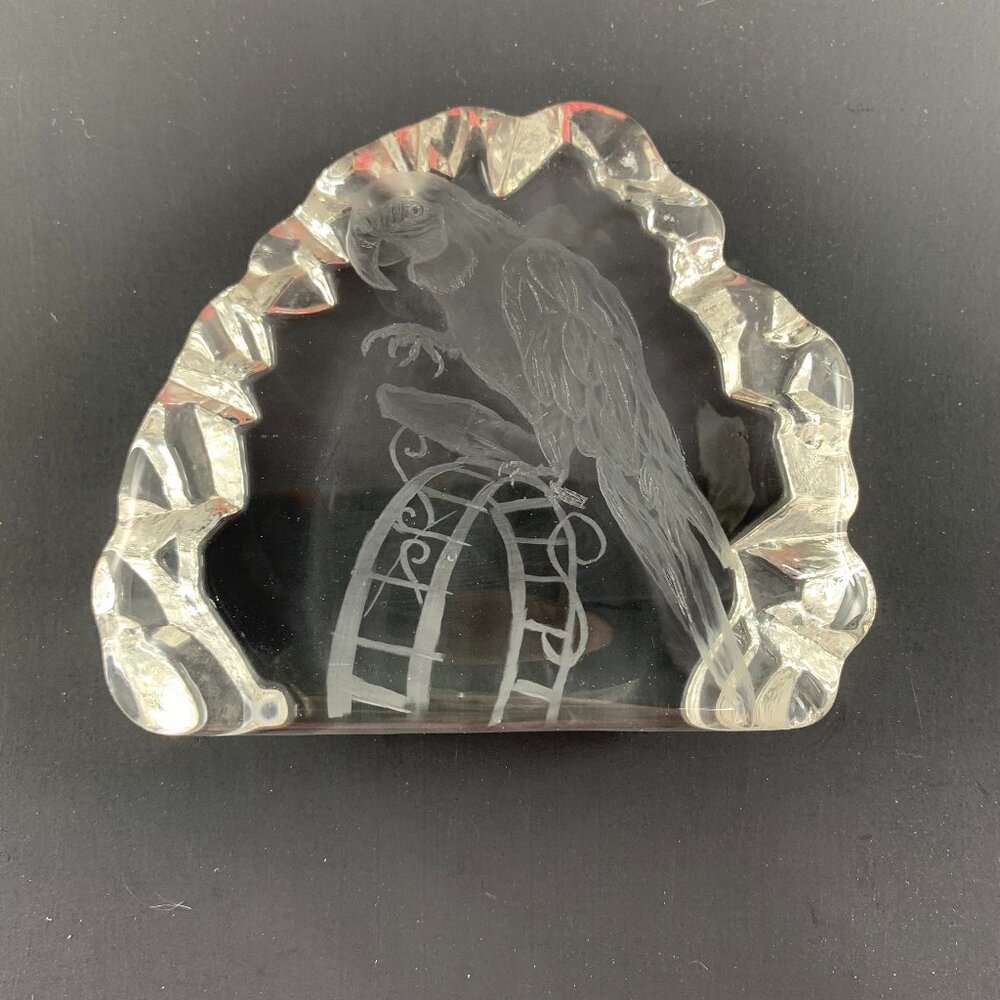 Nybro Parrot on Cage Glass Paperweight Signed Vintag